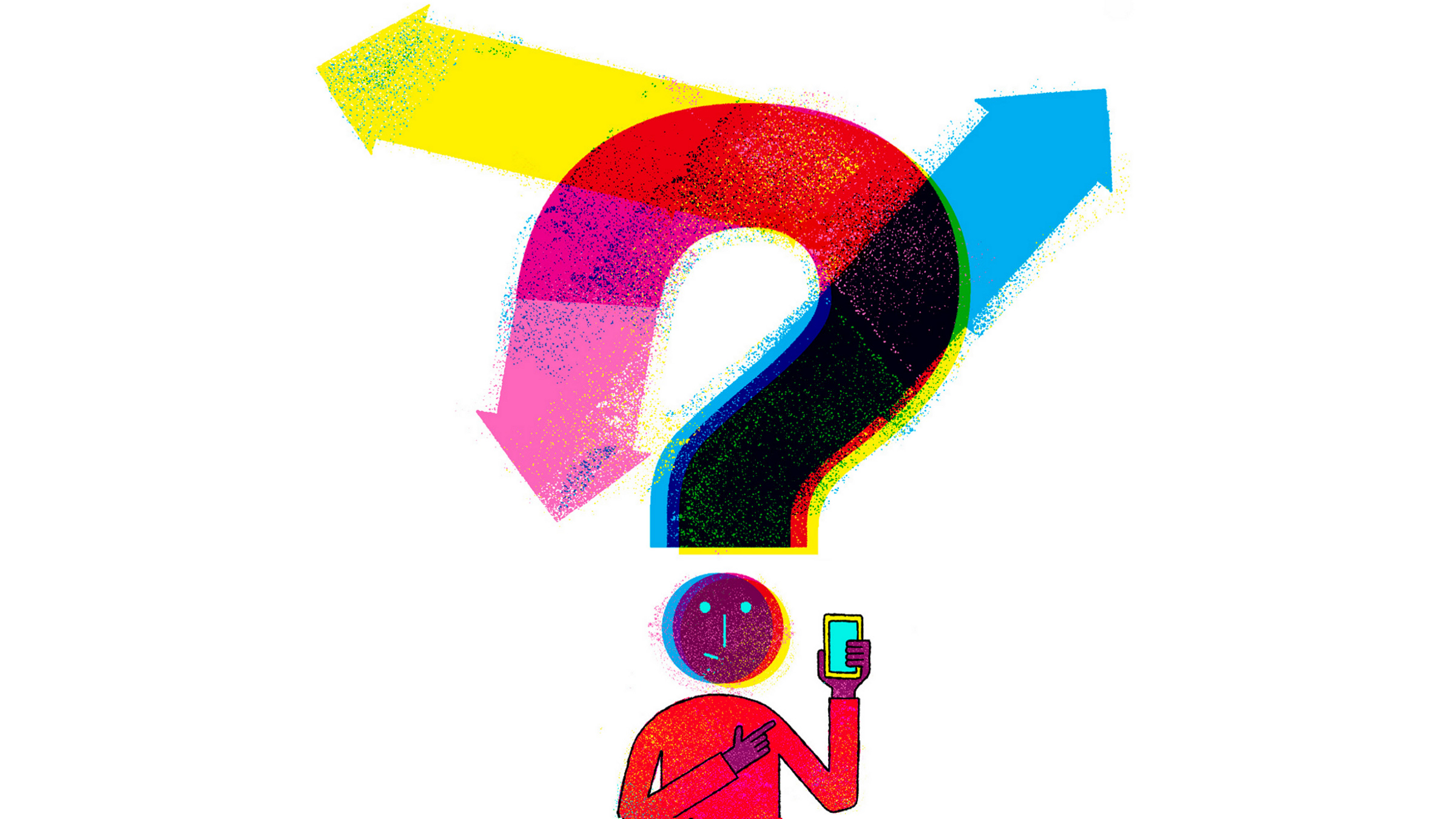 directional arrows above person holding a mobile phone, illustration